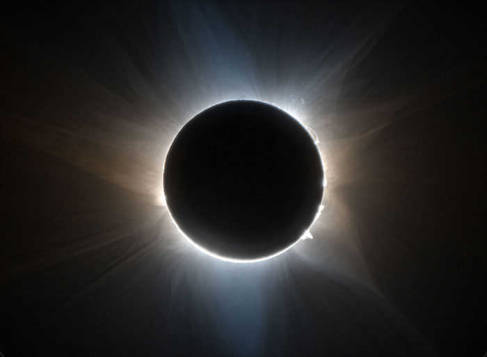 false color image of the solar corona during a 2023 total solar eclipse