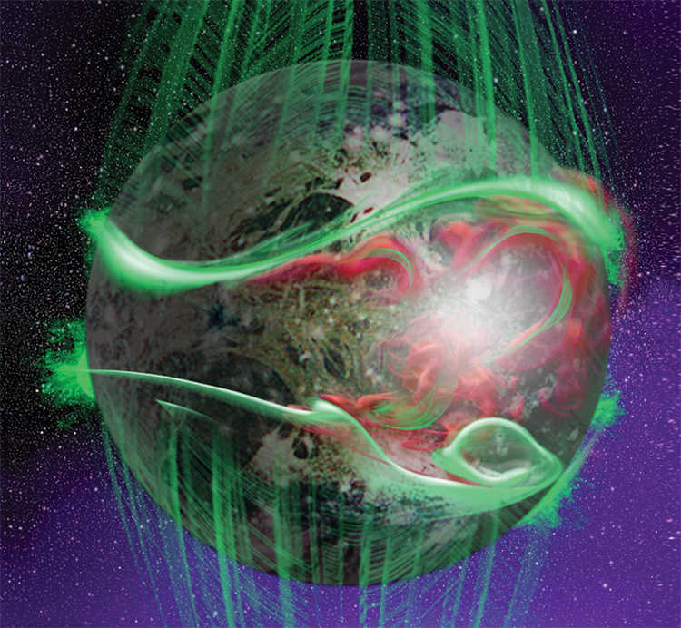 artist depiction of Ganymede’s atmosphere shows molecular-oxygen-produced ultraviolet emissions in green and water-vapor-produced UV emissions in red