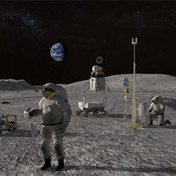 Illustration of the Moon's surface with astronauts and equipment 