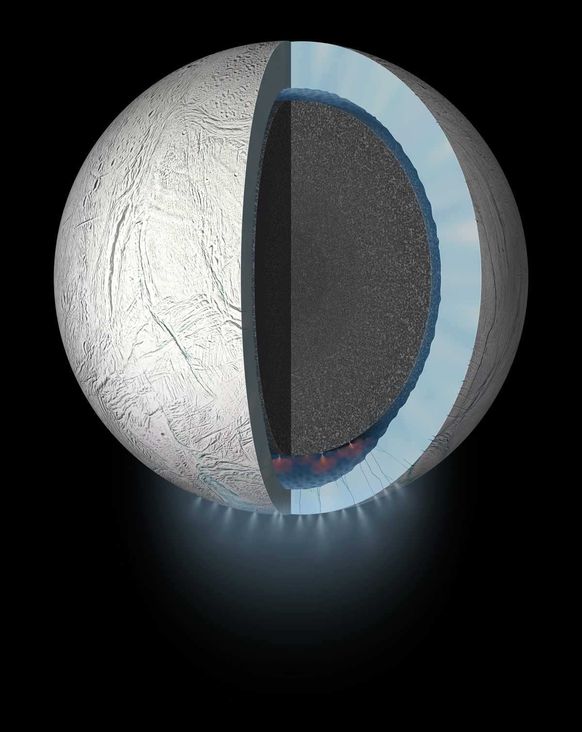 Artistic representation of Enceladus's core with plumes coming from the bottom of the planet