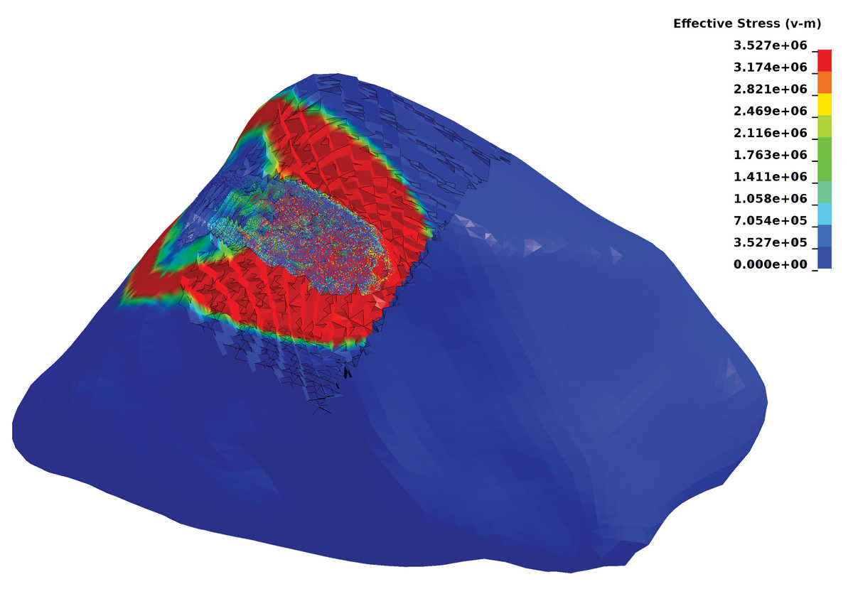 computational model of a rock impacted at 2 kilometers