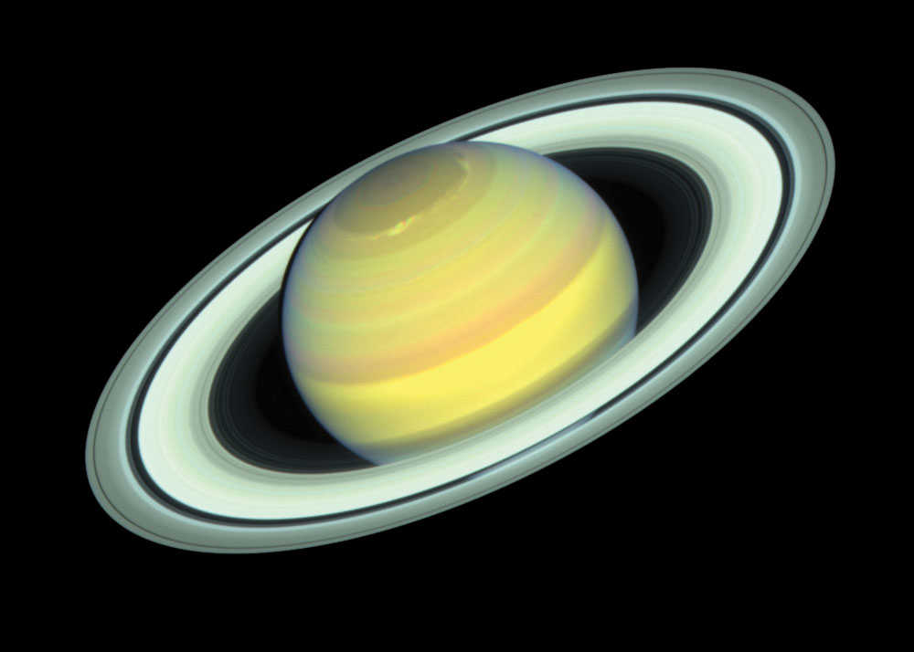 Colorful Saturn against a black background
