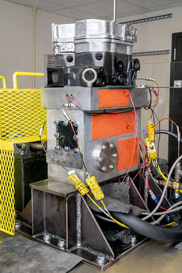 The tribology team developed this single-cam rig as a cost-saving screening tool prior to conducting the lubricant test in large engines.
