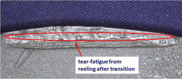 image of the transition of a natural embedded weld flaw to a surface flaw
