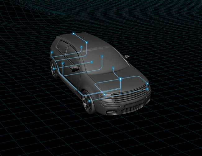 illustration of SUV over a grid with cybersecurity markers overlayed