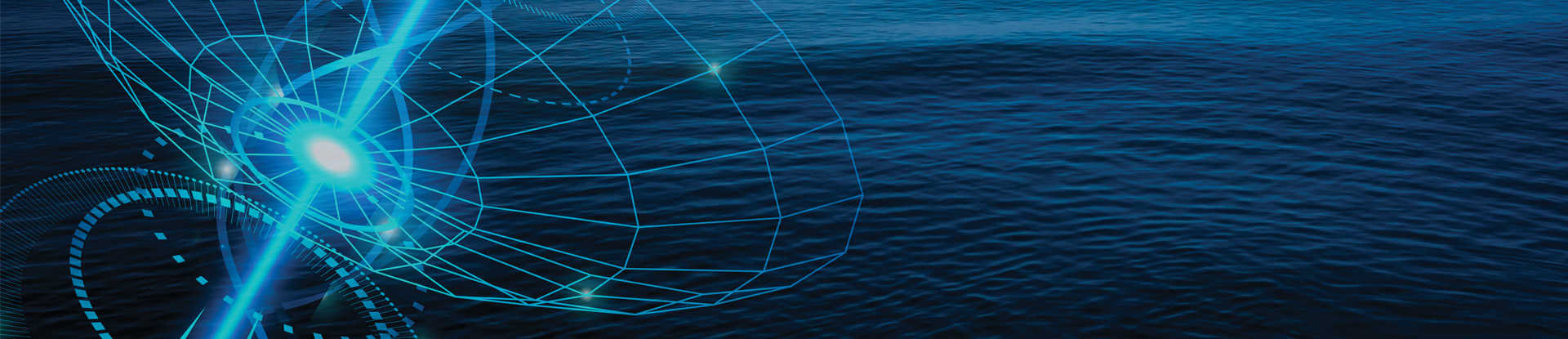 Blue sea background with a highlighted antenna outline graphic on the left side.