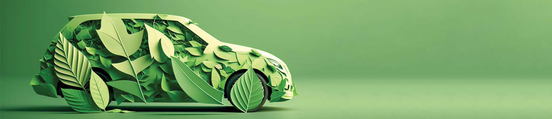 Green background with car graphic, but the car is made out of paper cut outs in the shape of leaves. 
