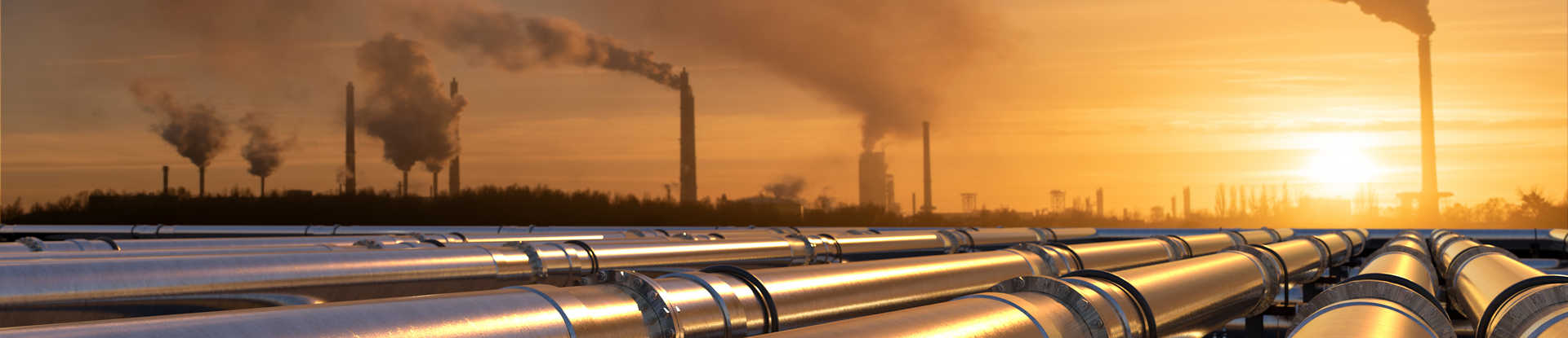 Pipelines leading to an oil refinery at sunset