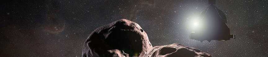 An artist's impression of NASA's New Horizons spacecraft encountering Ultima Thule (2014 MU69) against a dark sky