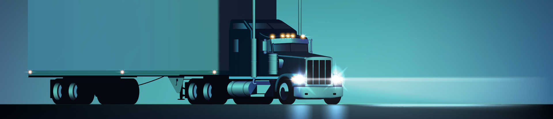 Big rig semi truck with headlights on against a teal blue background