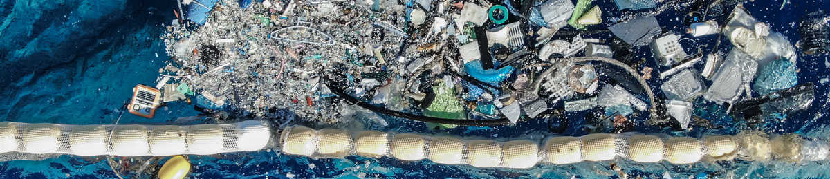 Aerial photo of plastic waste pulled from the Great Pacific Garbage Patch, the largest ocean plastic accumulation zone in the world
