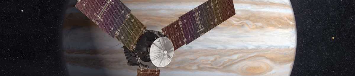 Juno spacecraft in front of Jupiter