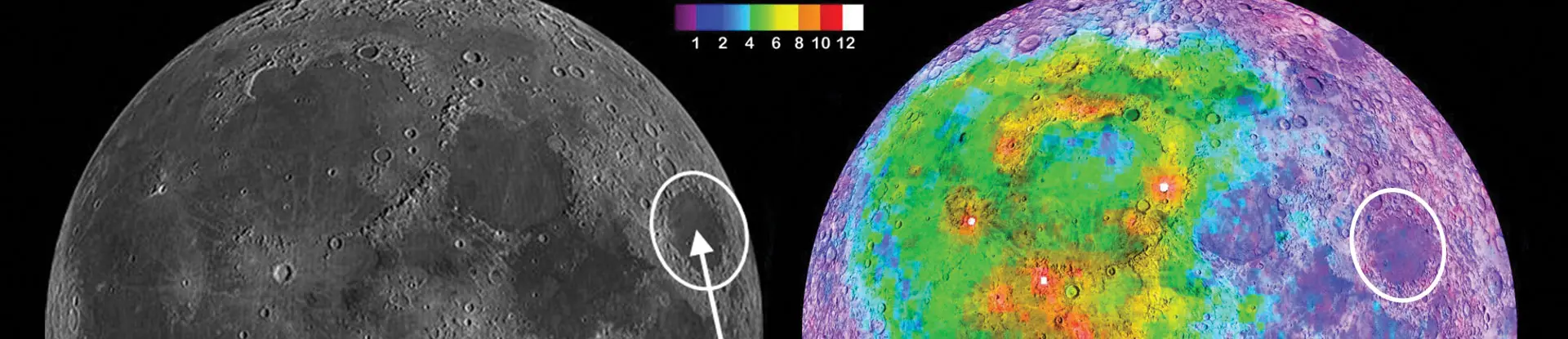 Two images of the moon, one normal, one colored like a heat map. The Mare Crisium impact basin is circled on both.