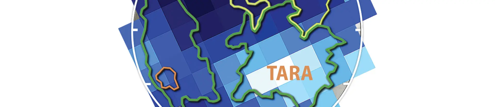 Varying swaths of blue behind the outline of a moon and it's surfaces, with one surface labeled TARA. Representative of the icy moon Europa.