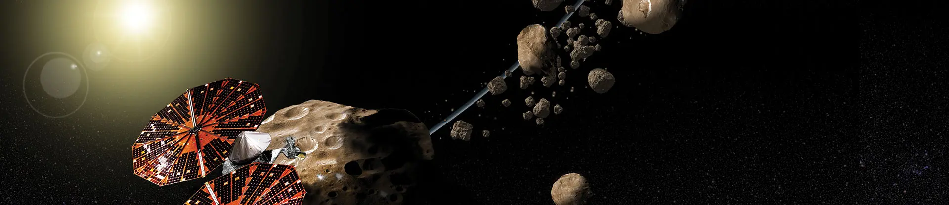 Artist’s concept (not to scale) of the Lucy spacecraft flying by Eurybates