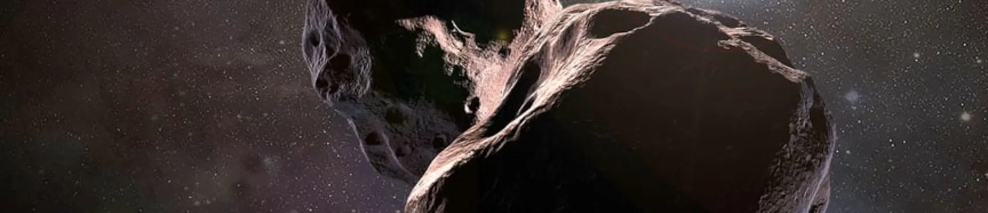 An artist's impression of NASA's New Horizons spacecraft encountering Ultima Thule (2014 MU69) against a dark sky