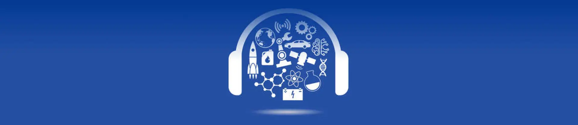 Technology Today Podcast logo, white headphones and science symbols on a bold blue background