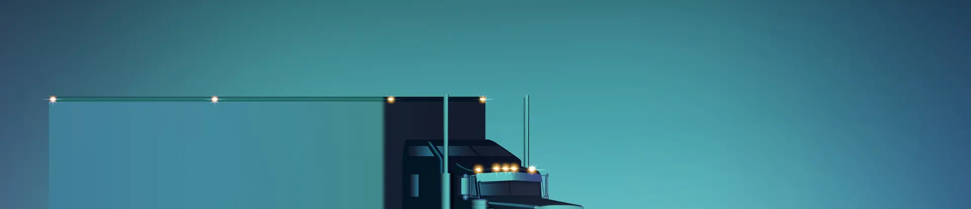 Big rig semi truck with headlights on against a teal blue background