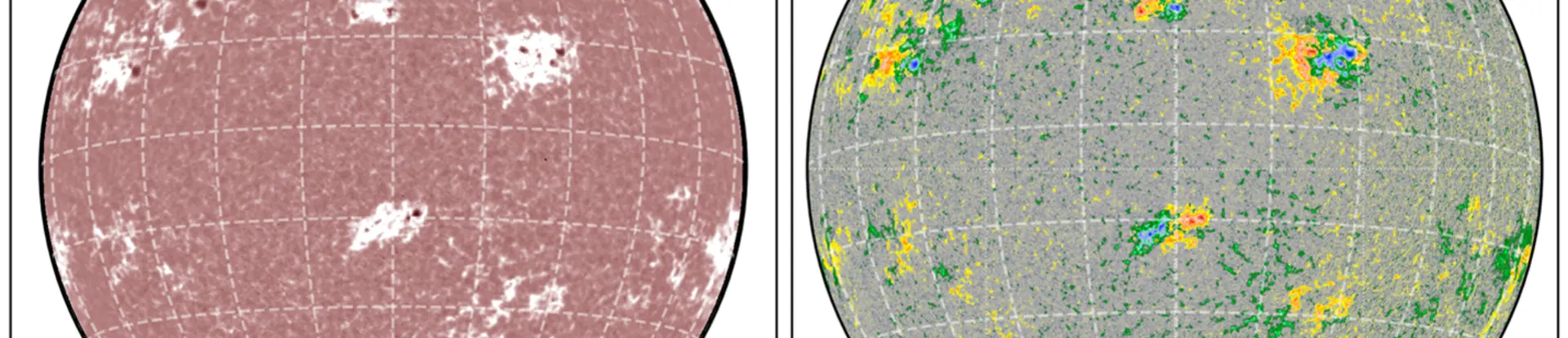 Two diagrams showing magnetic field measurements from the Solar and Heliospheric Observatory’s Michelson Doppler of the Sun's poles 
