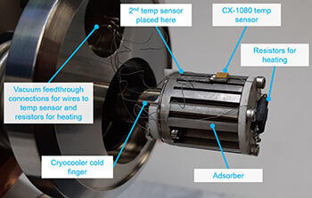 Photograph of cryocooler cold finger with notation of components