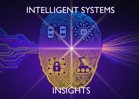 Digitized outline of the brain divided into four sections depicting car networks, AI, security and robotics with the words Intelligent Systems Insights