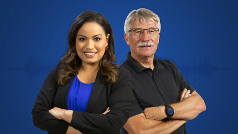 Lisa Peña and Ron Green against a solid blue background