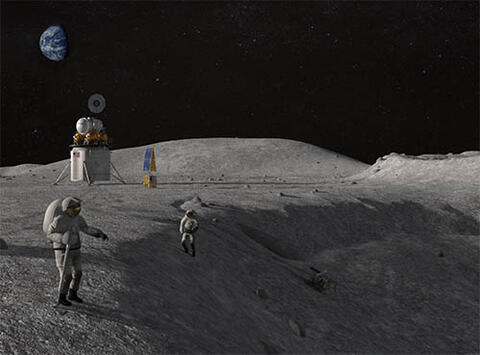 Astronauts and equipment on the moon surface
