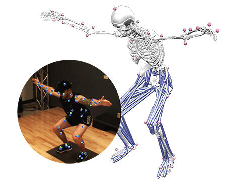 man in squat position with arms stretched out with biocap markers. offset is a skeleton in same position