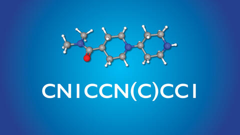 Graphic of CN1CCN(C)CC1 molecules against a blue background