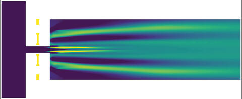 simulation of a nozzle that rapidly mixes and injects air (dark blue in the image) and fuel (yellow in the image) into the combustor to prevent flashback