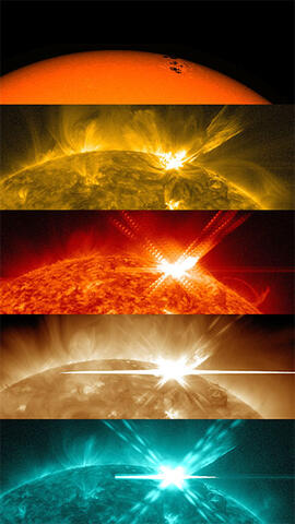 Five images in a column showing solar flares in different colors