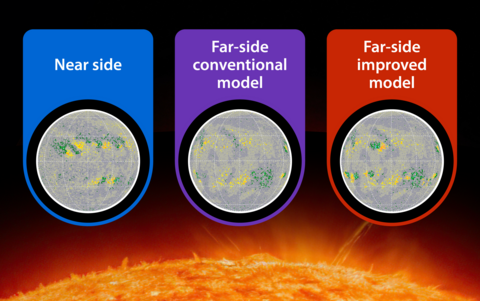 Graph of three images showing magnetic polarity of the Sun