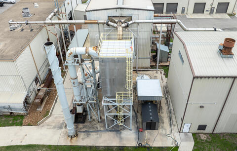 Aerial shot of SwRI's fire testing laboratories are equipped with a custom pollution abatement system 