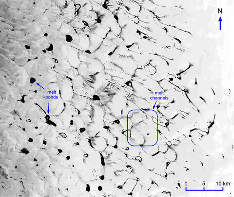 Landsat image showing melt ponds and melt channels of a Greenland ice sheet