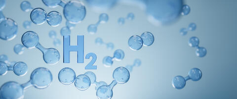 3D rendering of an h2 molecule blue bubbles in blue liquid