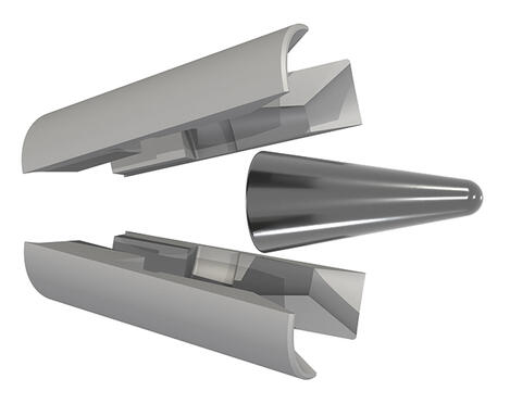 illustration of hypersonic separation showing a conical flight body separating from a sabot after leaving the launch tube of the light-gas gun.