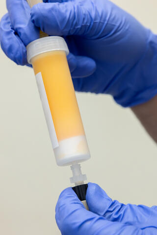 Two gloved hands holding chromatography vial 