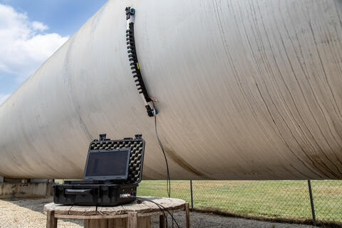 SwRI's magnetostrictive (MST) probe to detect corrosion on a storage tank