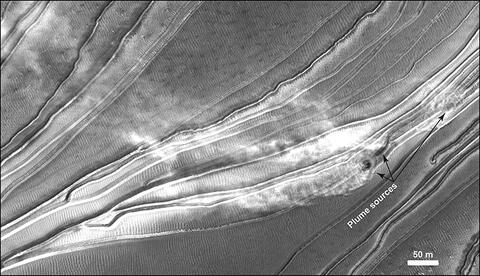 grayscale image of dust plumes on Mars' Russell Crater