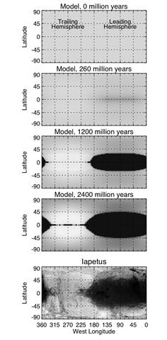 Series of 5 maps showing computer models that illustrate migrating ice on Saturn’s moon Iapetus 