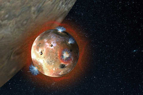 An artist’s rendering depicts Io’s volcanic plumes creating the atmosphere in sunlight. 