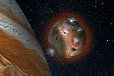 An artist’s rendering depicts Io’s volcanic plumes creating the atmosphere in sunlight