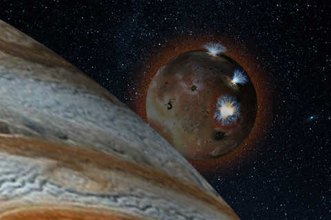 An artist’s rendering depicts Io’s volcanic plumes creating the atmosphere in sunlight. 
