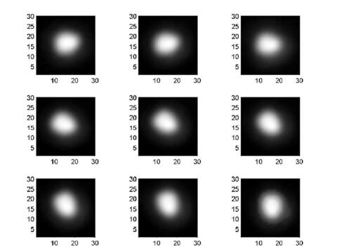 Asteroid Lutetia shown at nine different times