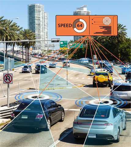 Cars in Florida traffic with diagram of speed overlayed