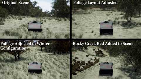Four 3D computer simulations of of automated vehicles in off-road environments