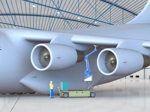 An illustration depicts how a robotic arm commonly used in advanced manufacturing can be adapted to perform multiple functions such as under-wing sanding or composite repair on military aircraft. 