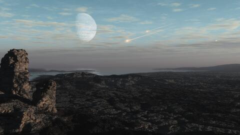 Artistic conception illustrating large asteroids penetrating Earth’s oxygen-poor atmosphere.