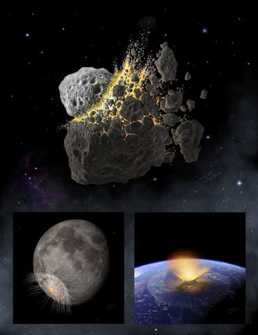 Artist's concept shows asteroid breakup and fragments hitting the earth and the moon