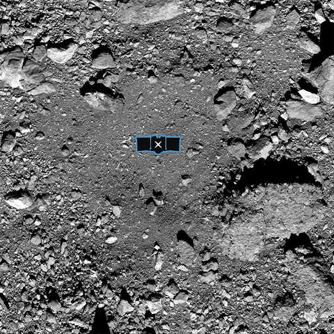 Black and white image of landing site with an impression of the OSIRIS-REx vehicle
